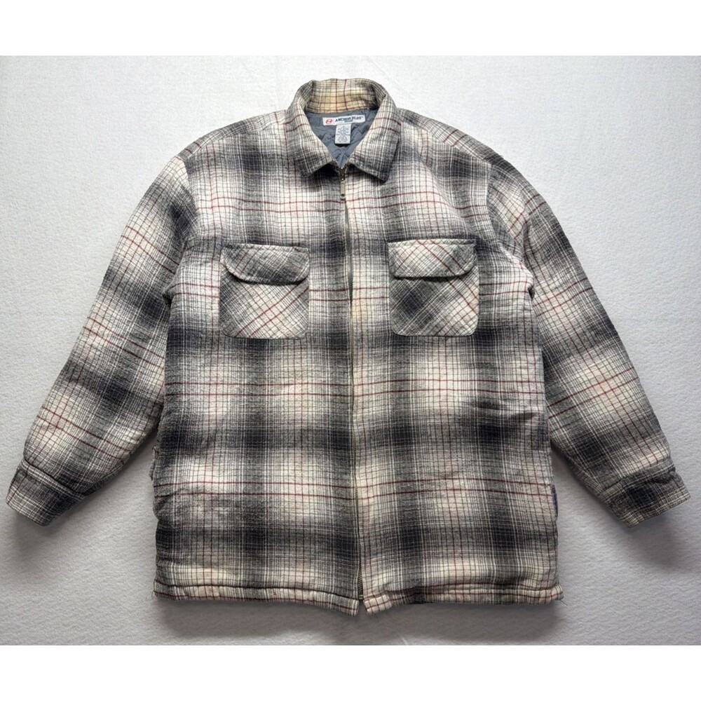 Vintage 90s Anchor Blue Plaid Quilted Jacket Shacket Ramie Cotton Grunge Medium